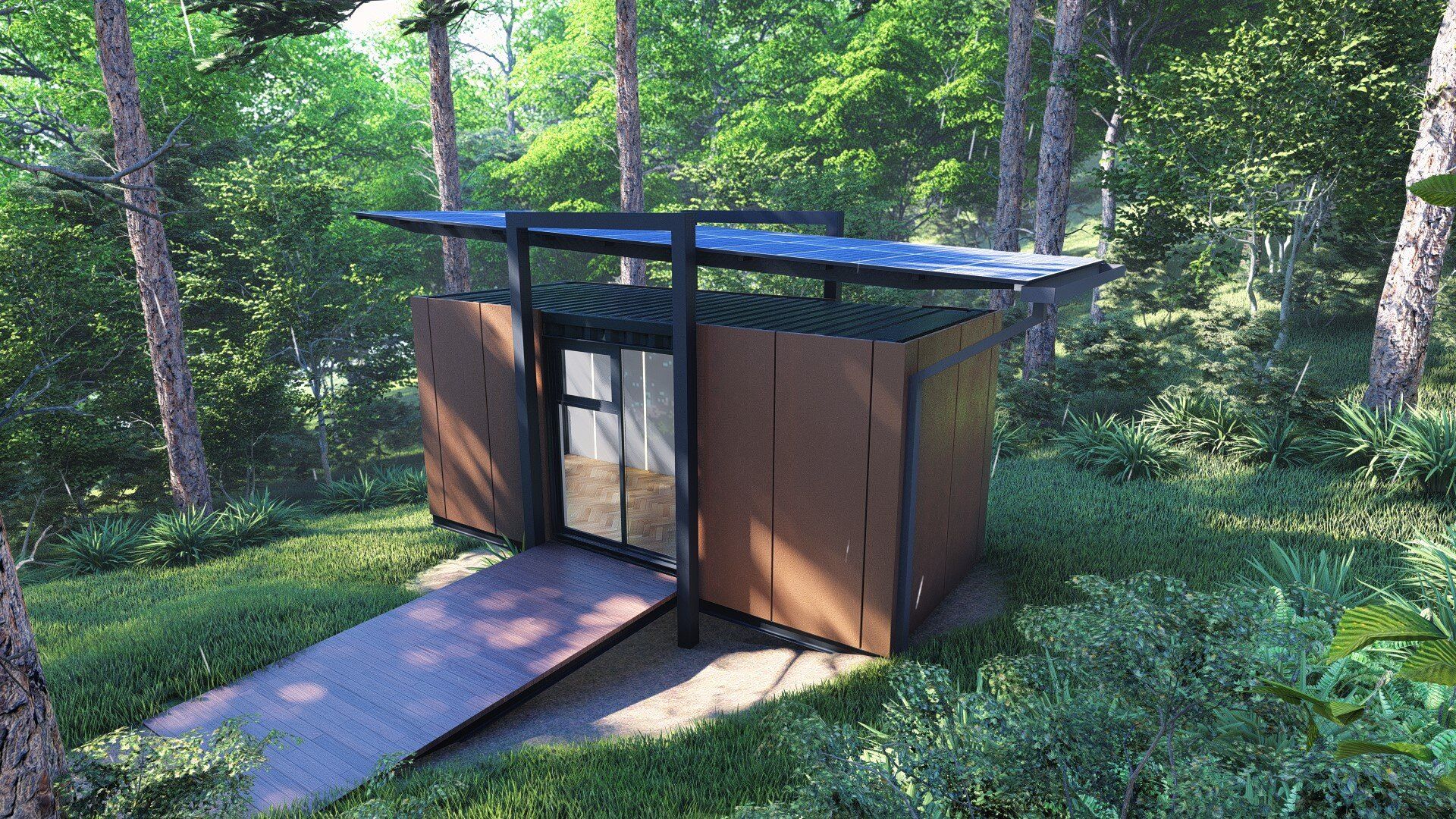 A small wooden house is sitting in the middle of a forest.