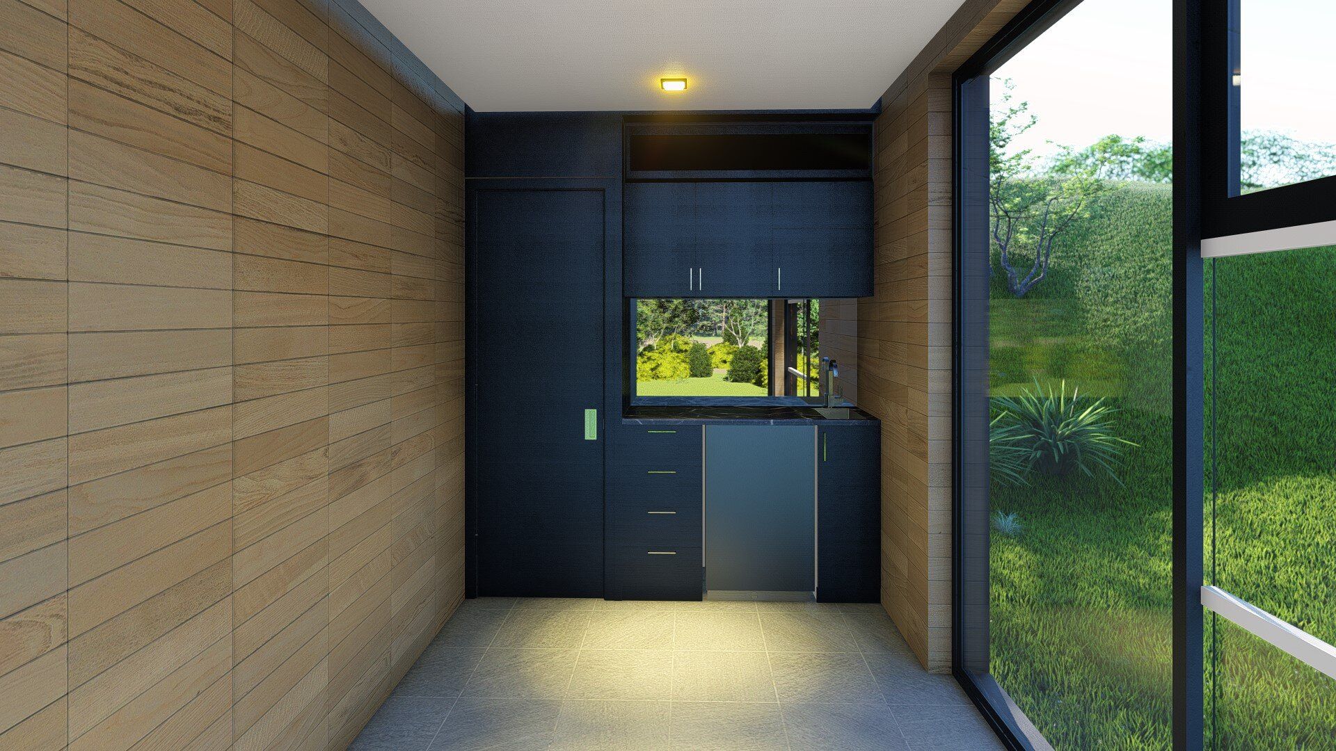 A room with a lot of windows and wooden walls.