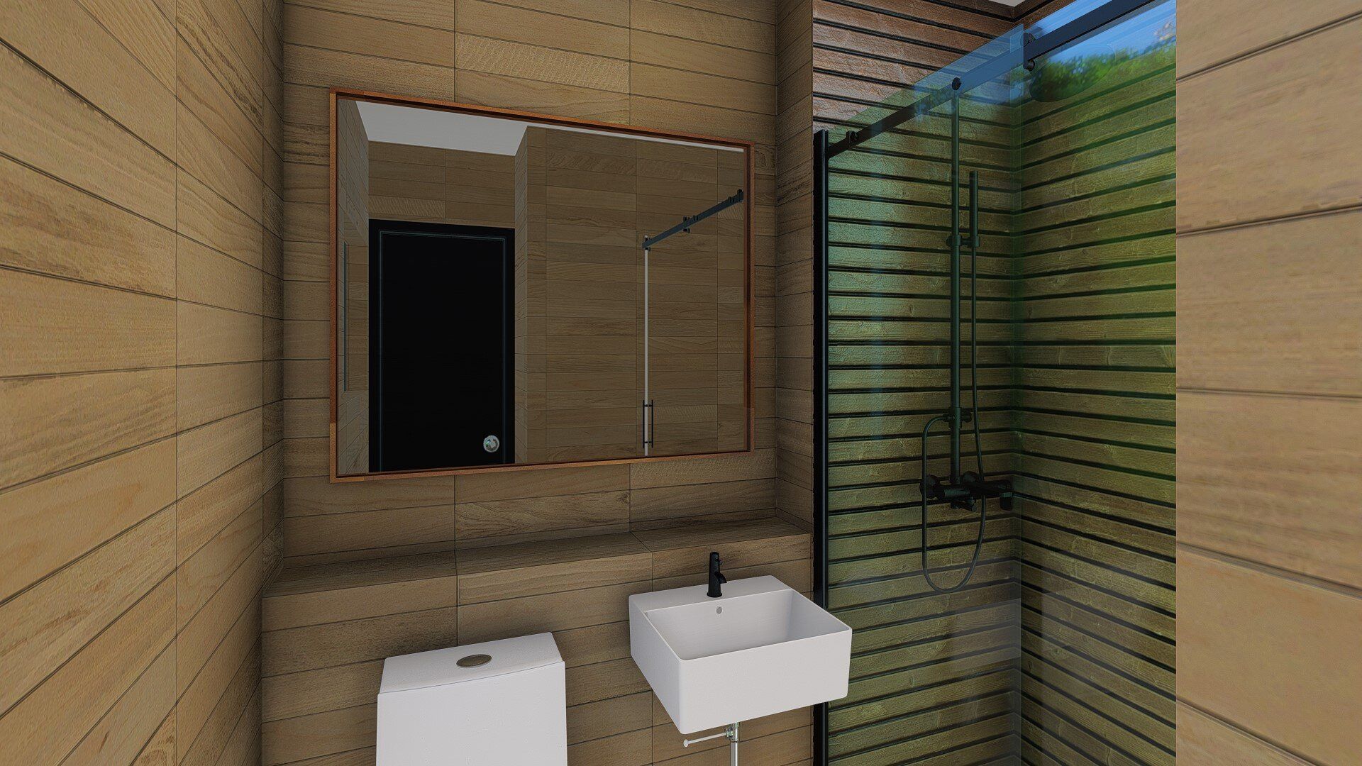 A bathroom with a toilet , sink , mirror and shower.