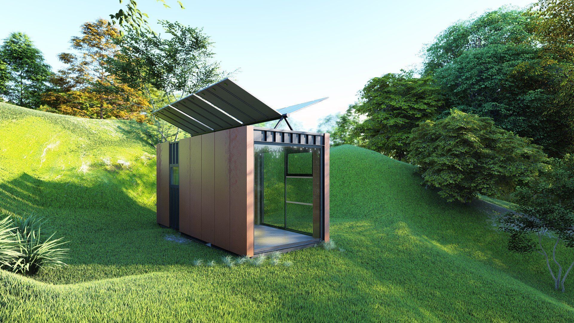 A shed with solar panels on the roof is sitting on top of a grassy hill.