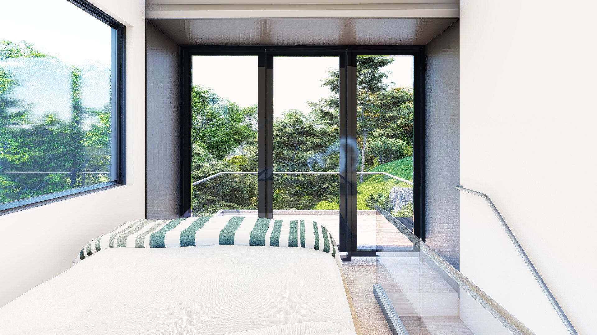 A bedroom with a bed , two windows and a balcony.