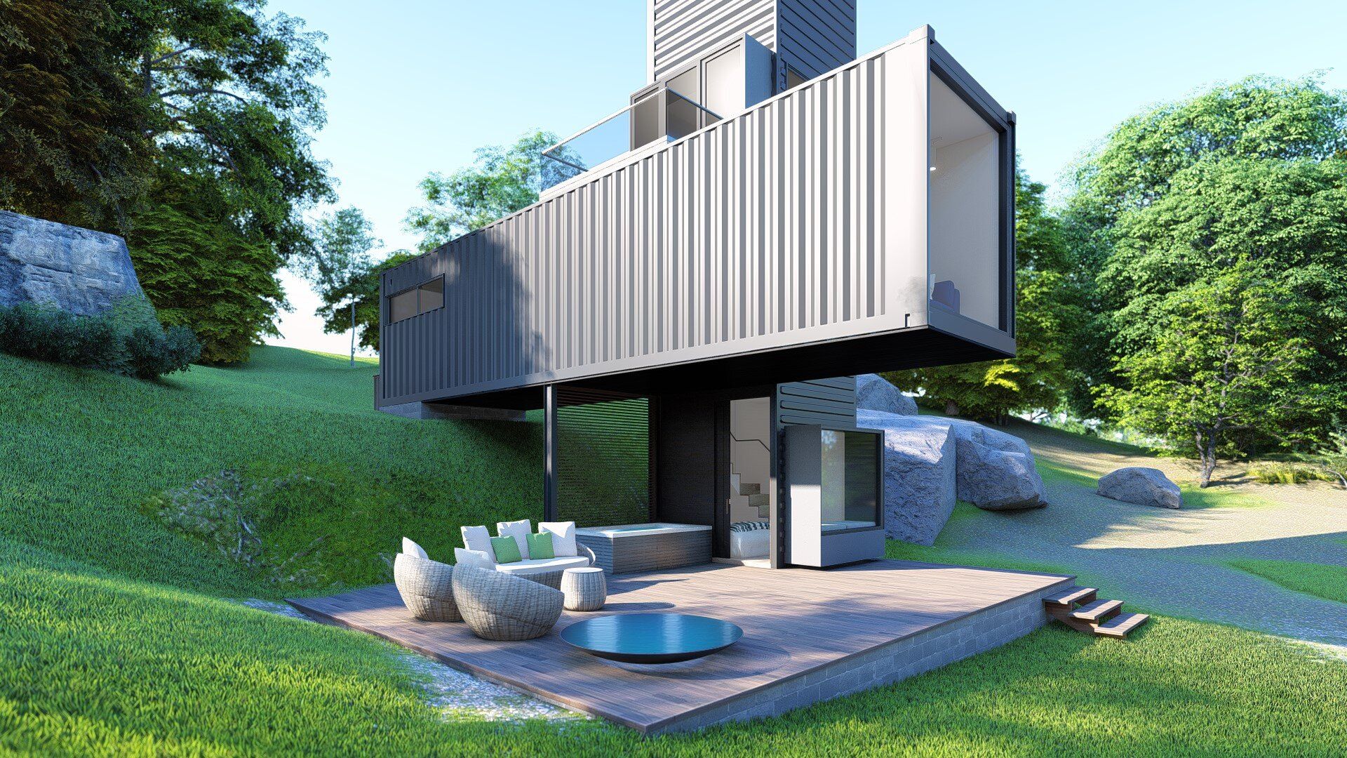 A shipping container house is sitting on top of a grassy hill.