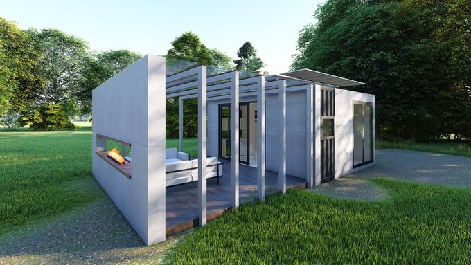 A 3d rendering of a modern house in the middle of a grassy field.