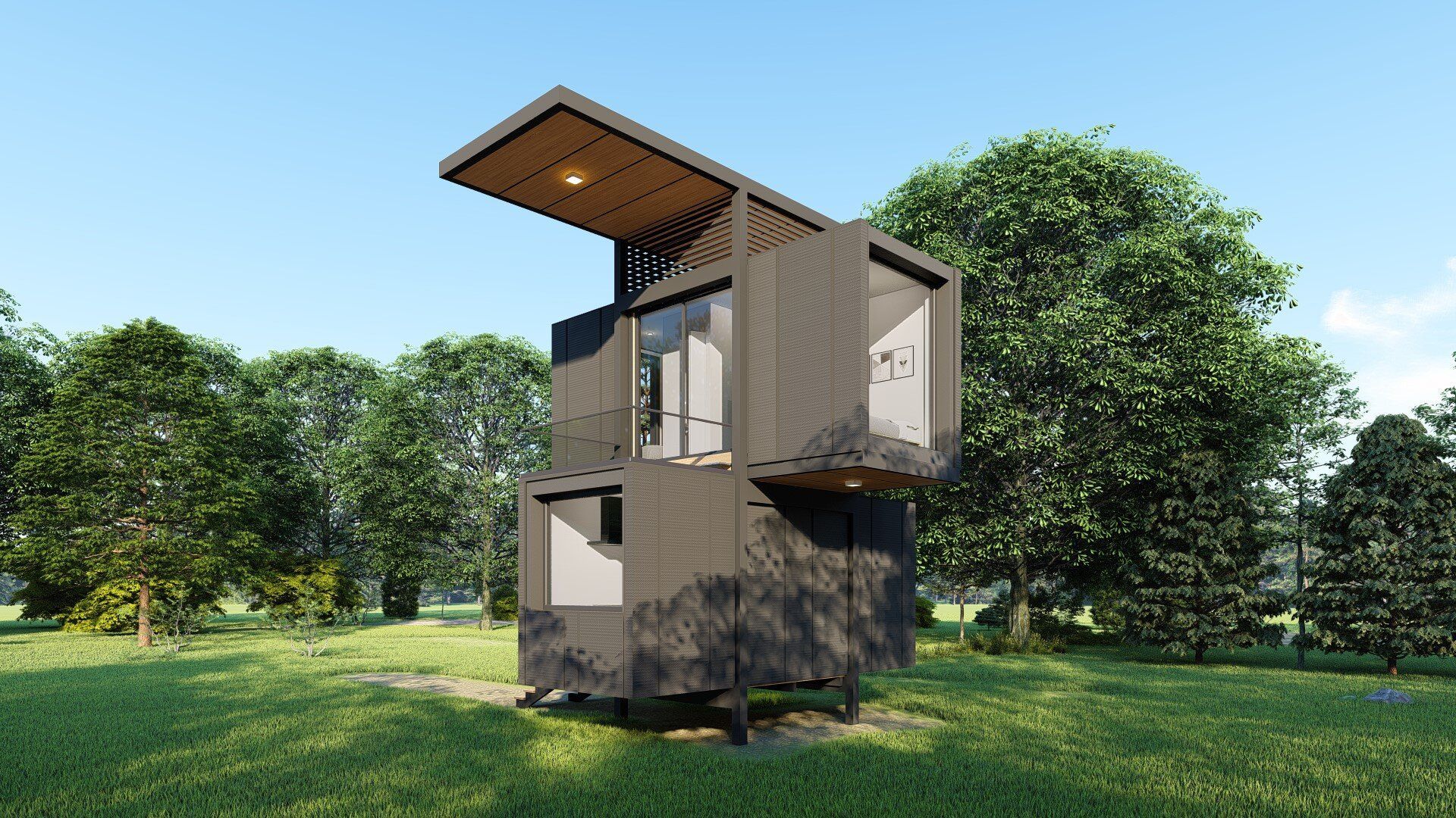A small house is sitting on top of a lush green field surrounded by trees.