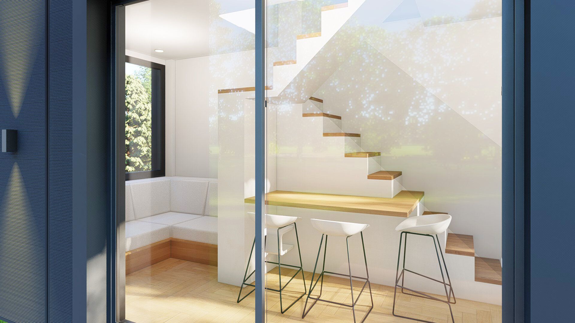 A staircase is visible through a glass door in a room with stools.