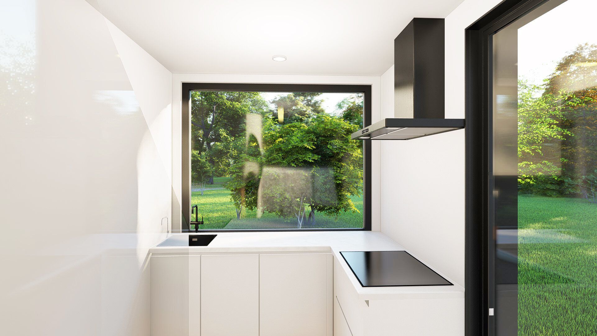 A kitchen with white cabinets , a black stove top oven , and a large window.