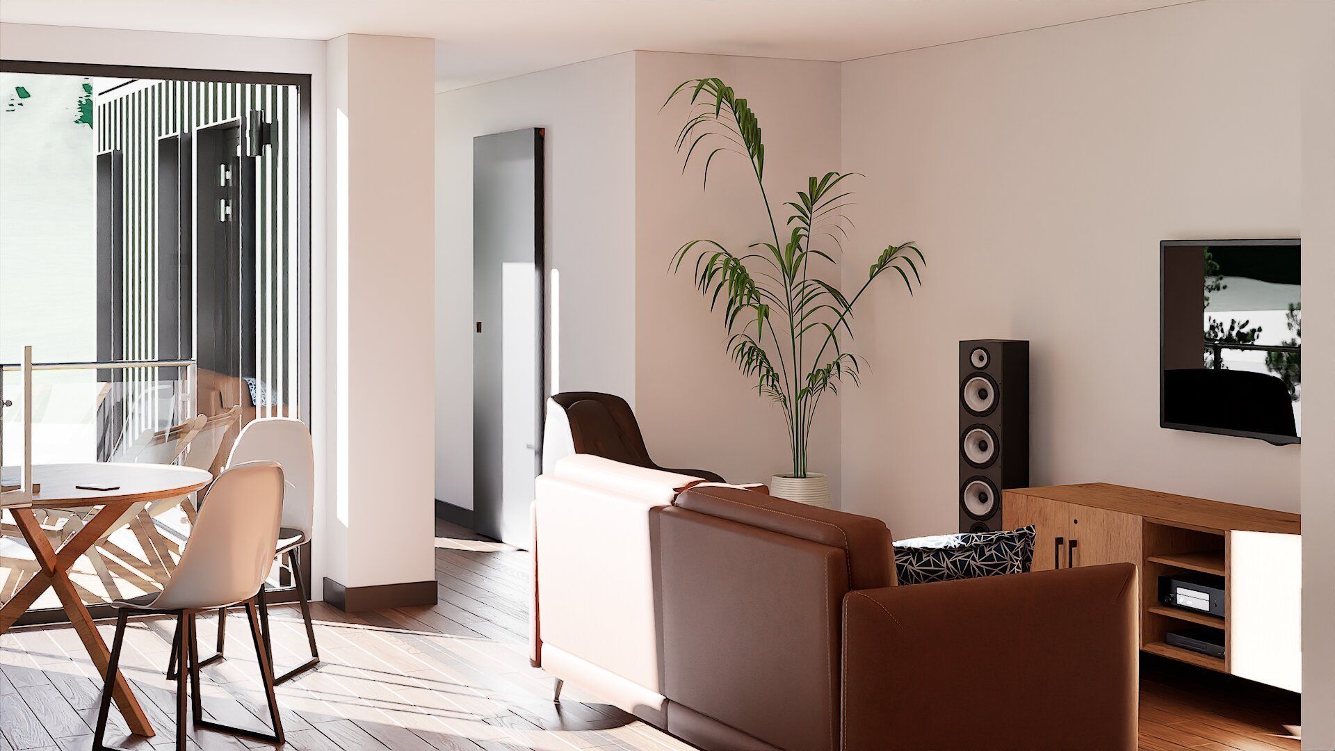 A living room with a couch and a television
