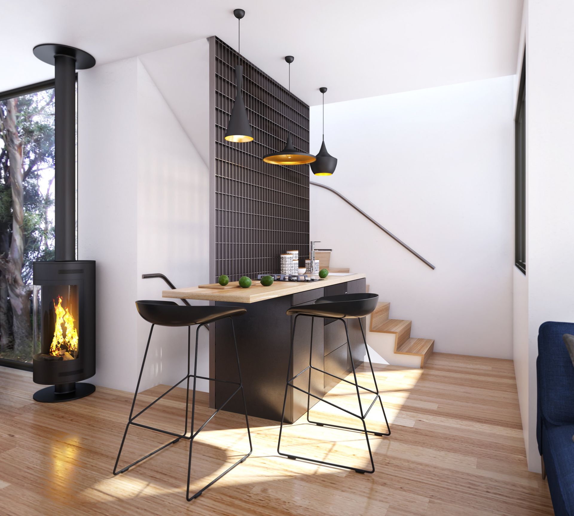 A kitchen with a table and stools and a fireplace