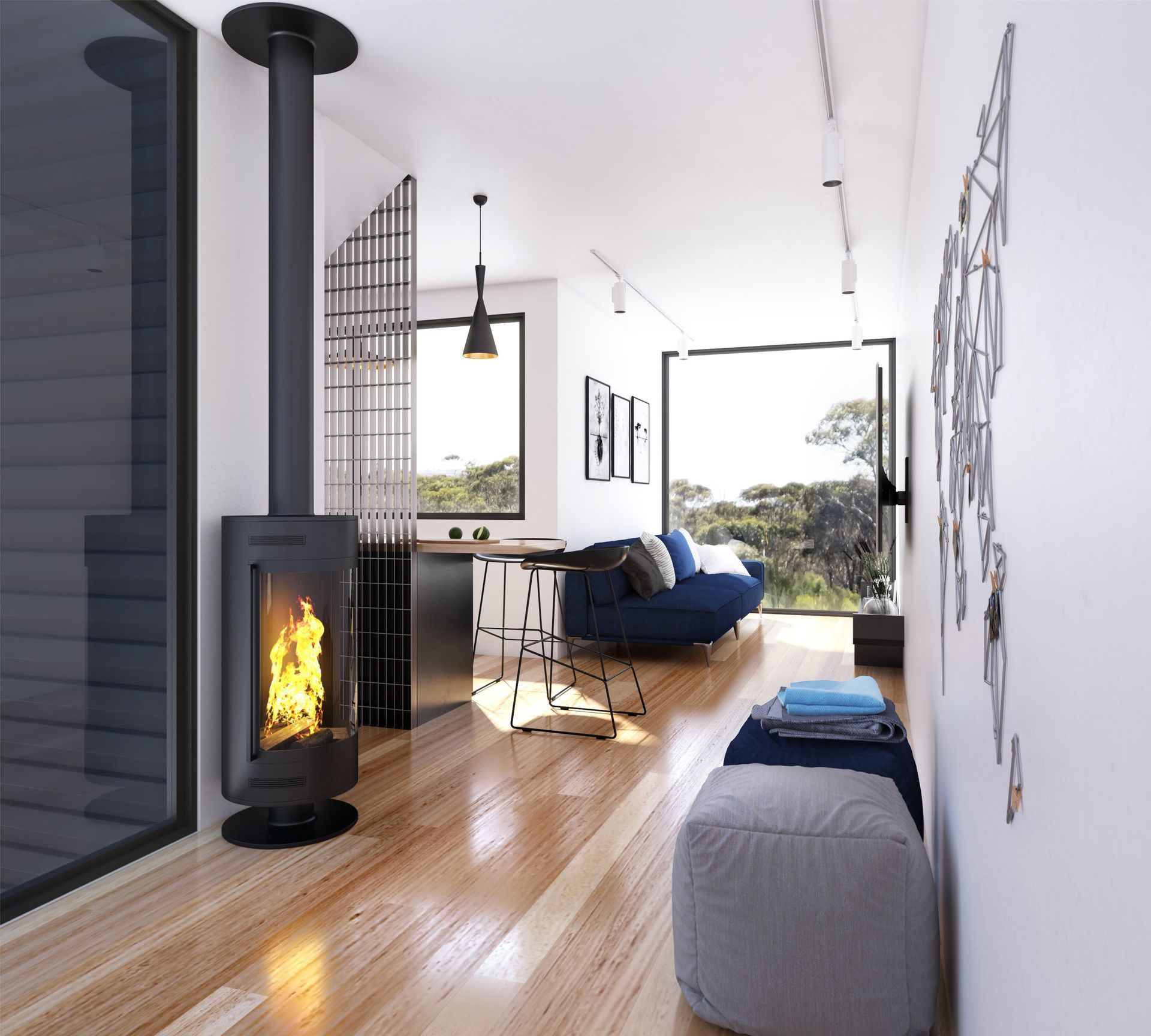 A living room with a fireplace and a blue couch