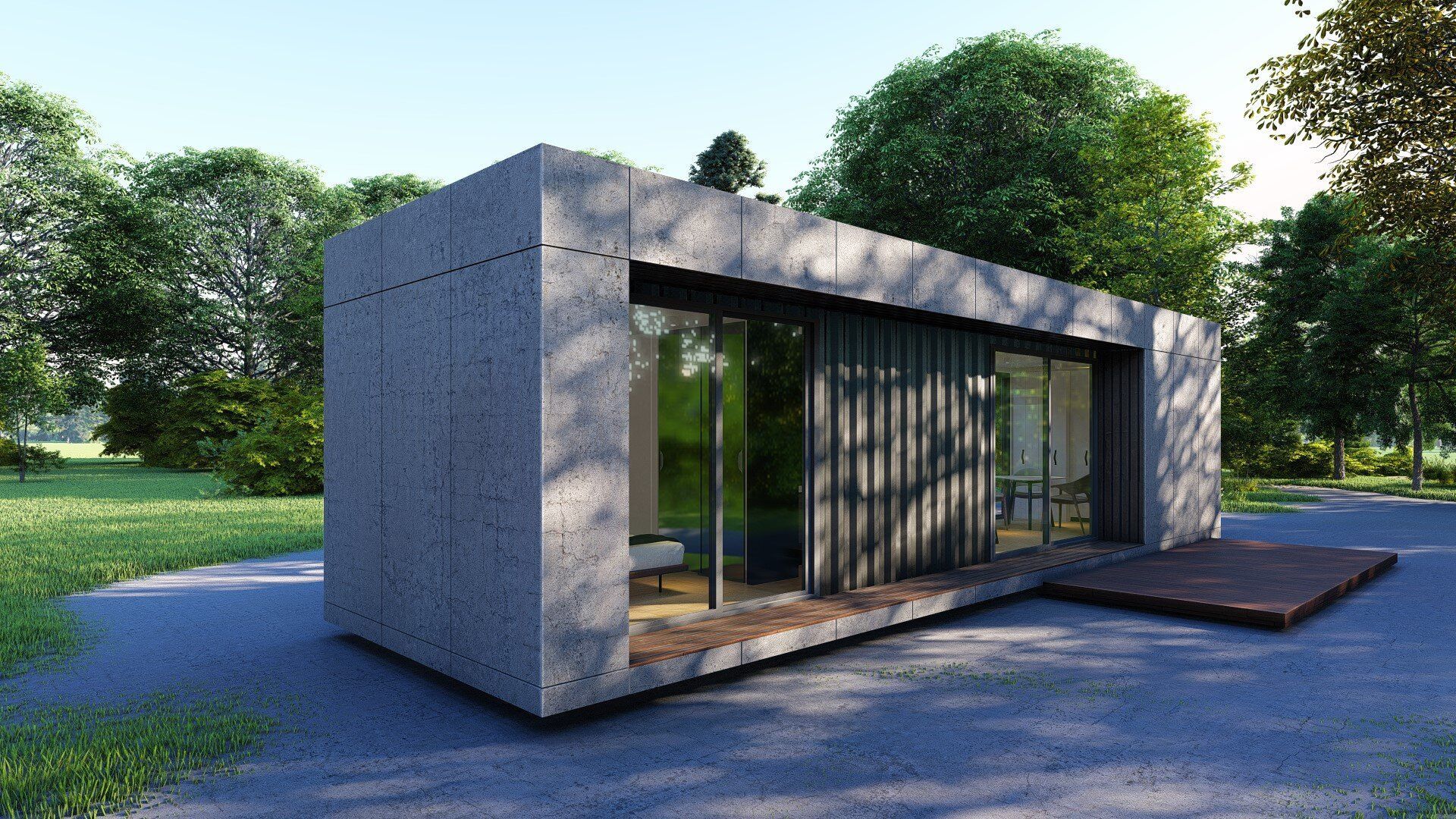 A small house with a lot of windows is sitting in the middle of a park.
