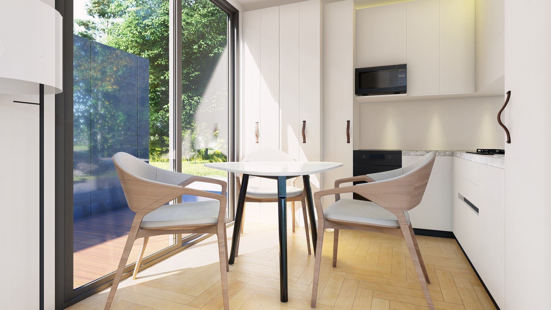 A kitchen with a table and chairs and a large window.