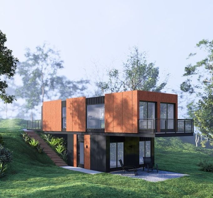 An artist 's impression of a modern house with a balcony