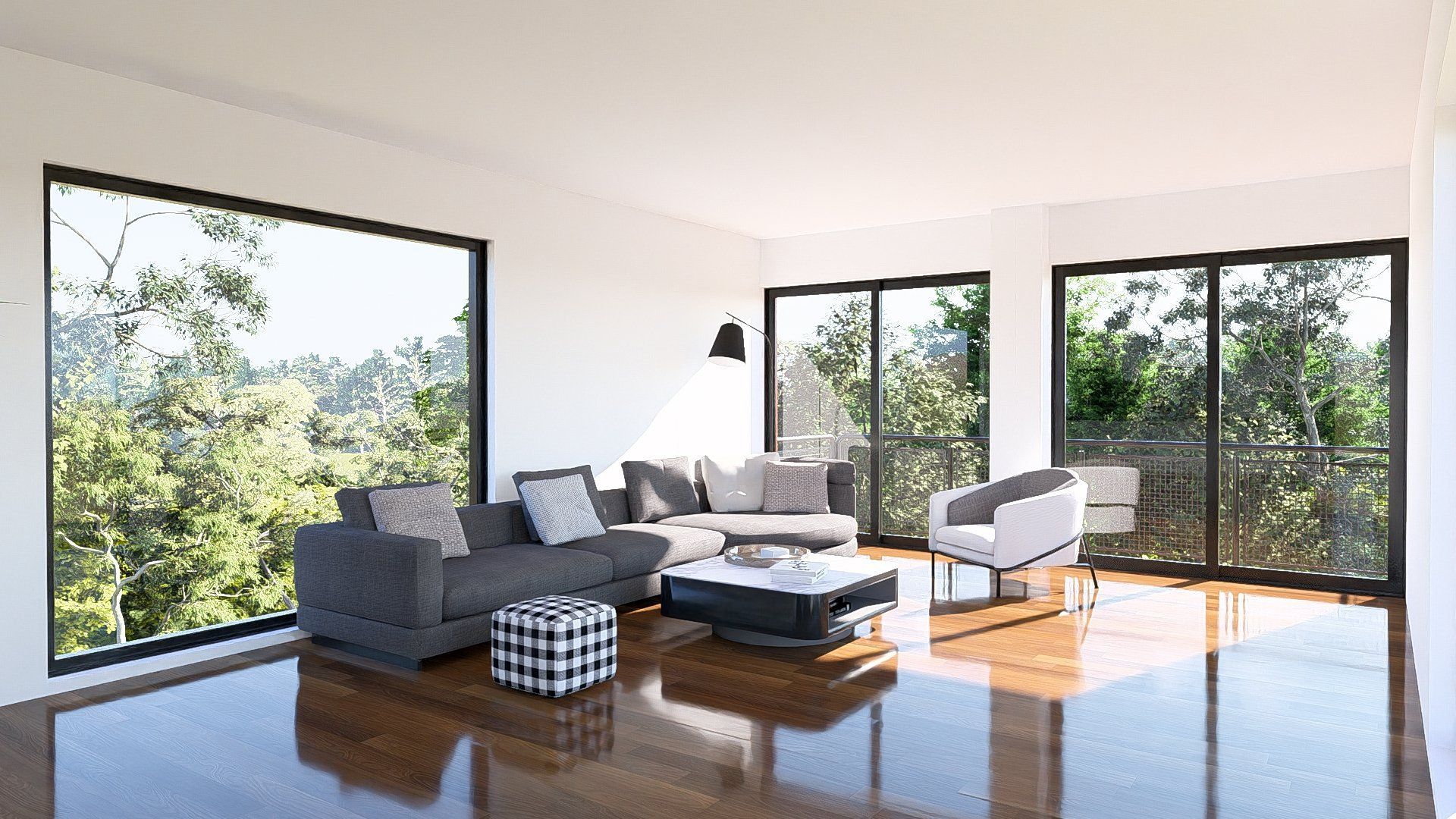 A living room with a couch , chairs , coffee table and lots of windows.