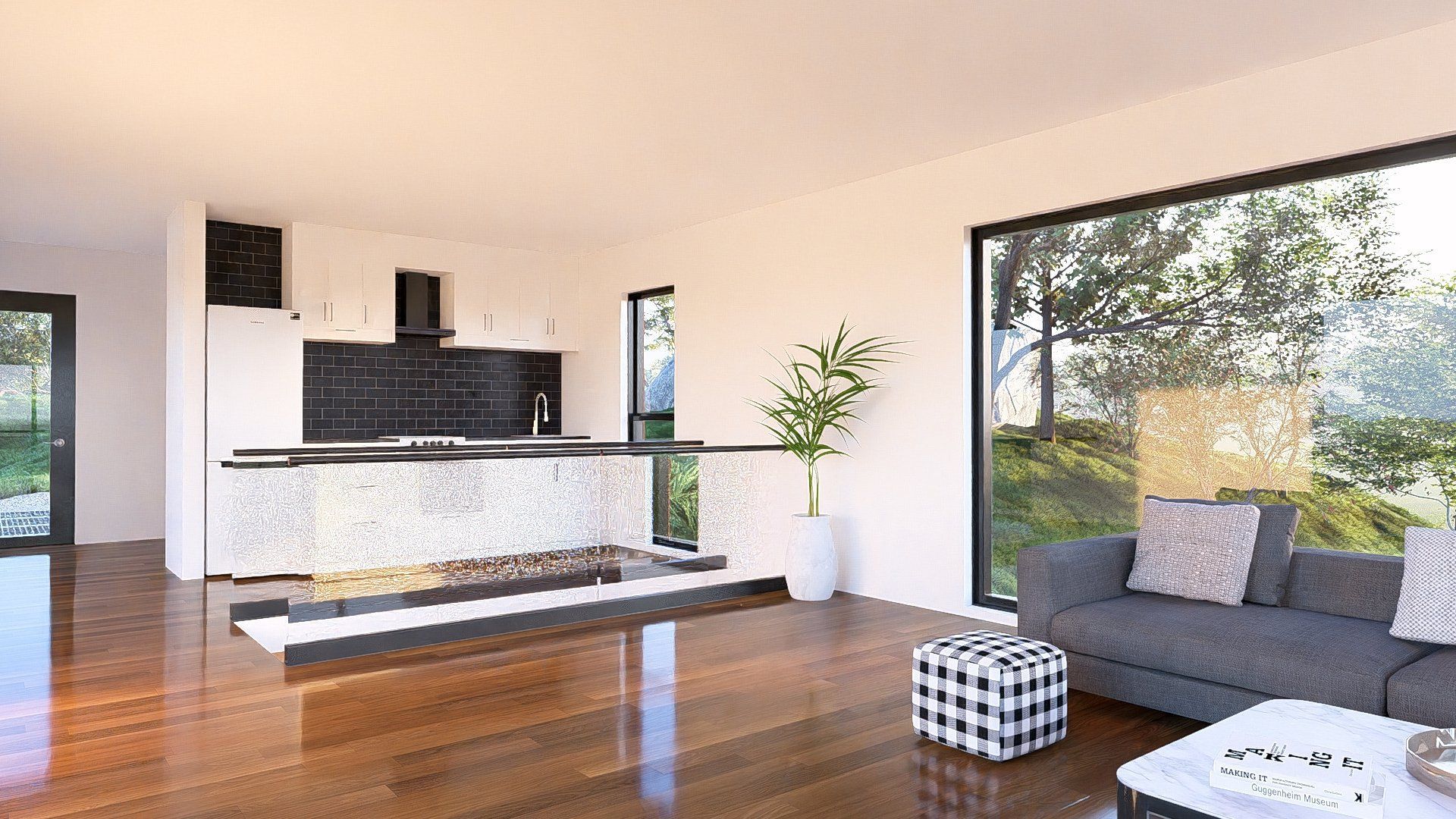 A living room with a couch , coffee table , and large windows.