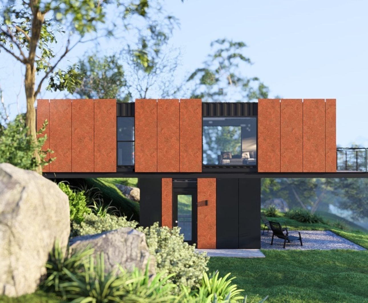 A modern house is sitting on top of a lush green hillside.