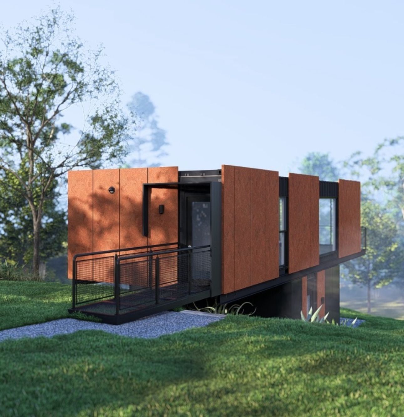 A small house is sitting on top of a grassy hill