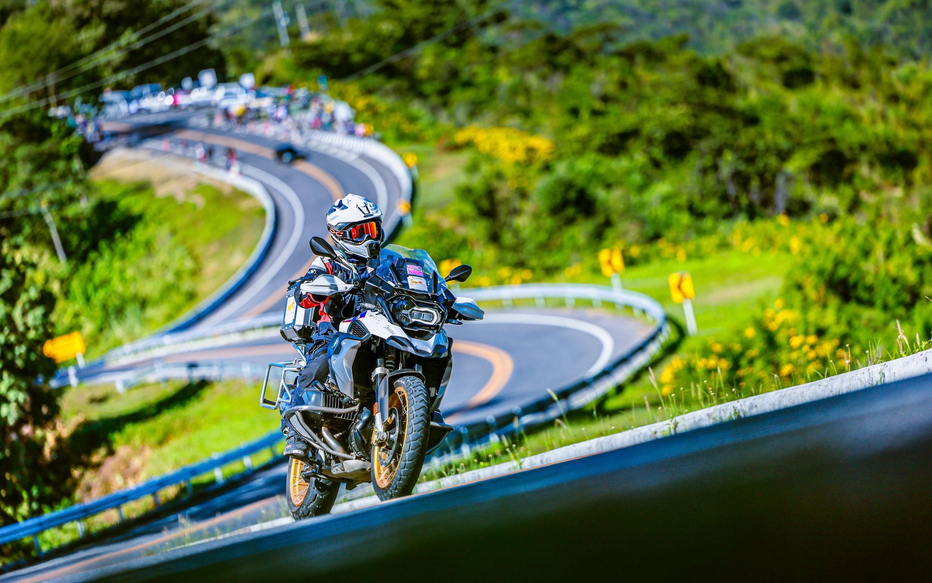 BMW R1250GS motorcycle parked overlooking Nan Curves viewpoint in northern Thailand