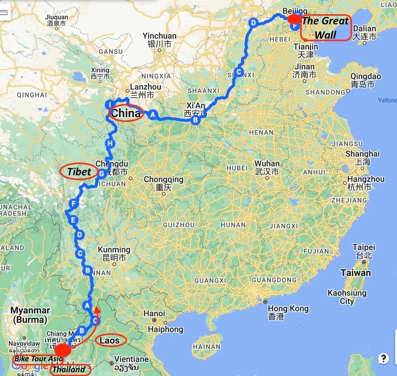 Chiangmai to Great Wall Map