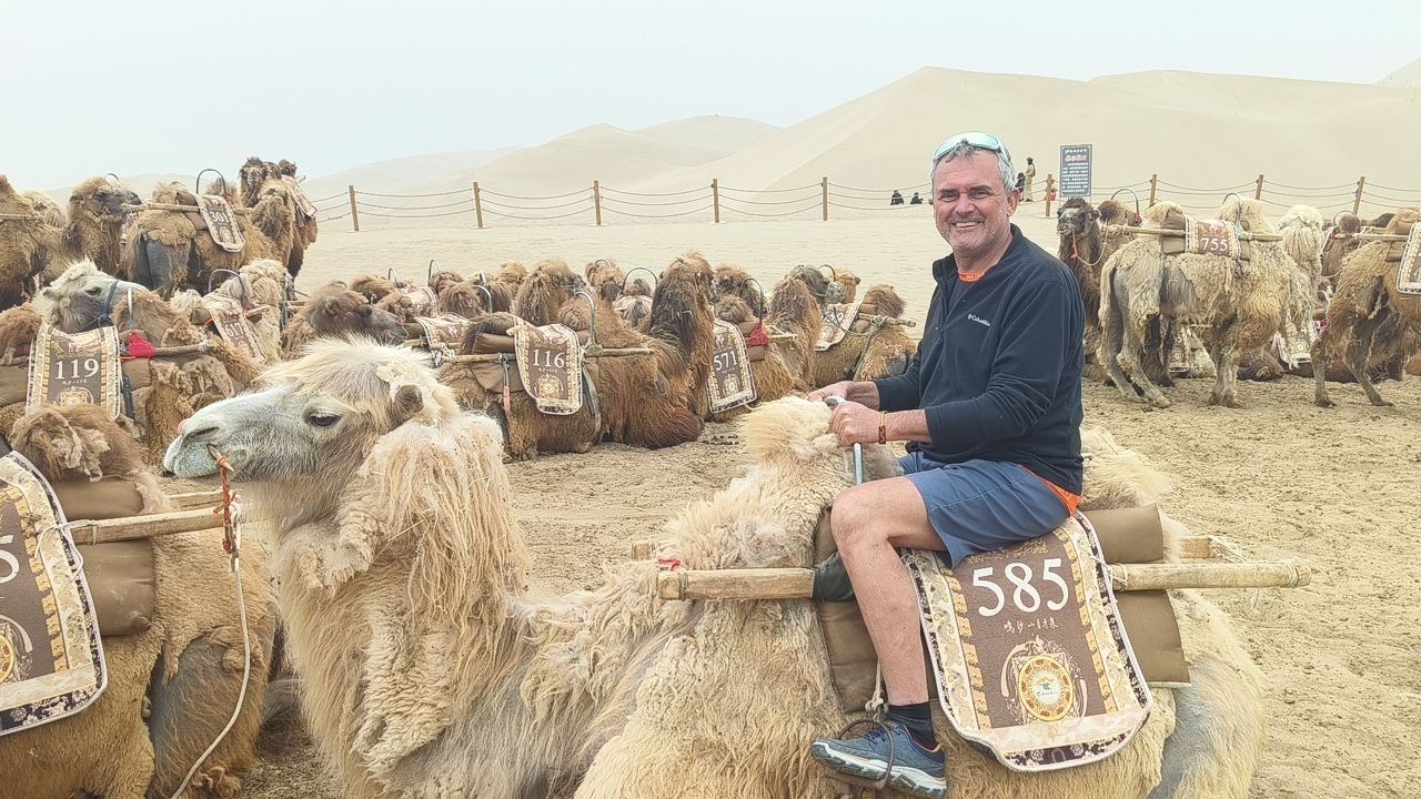 Daniel riding a camel in a desert 