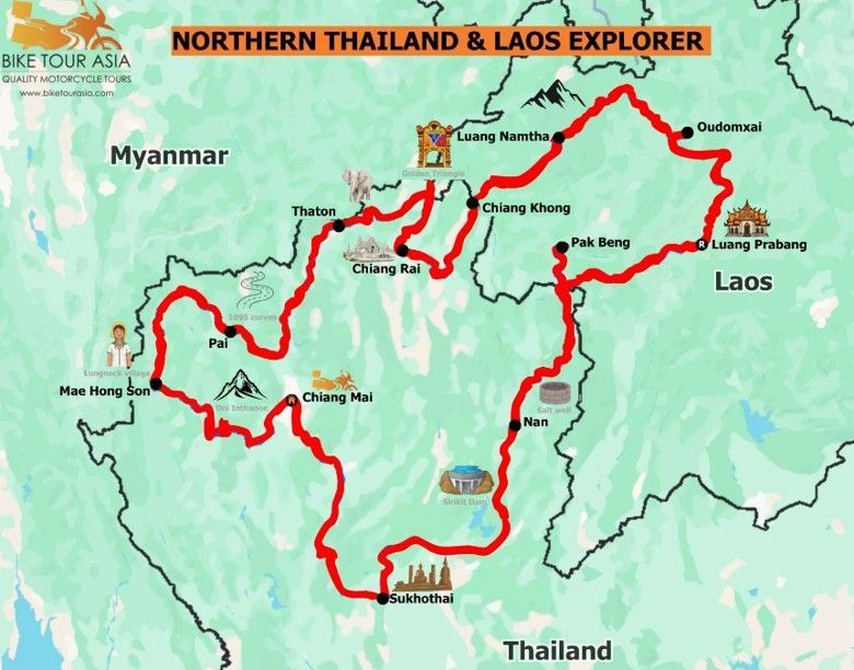 Route map – Northern Thailand & Laos motorcycle tour