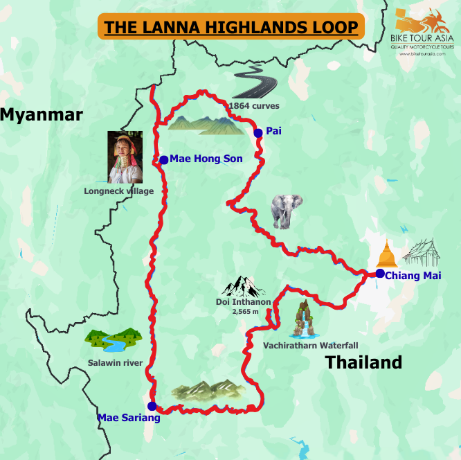 Map of the Lanna Highlands Loop in Thailand