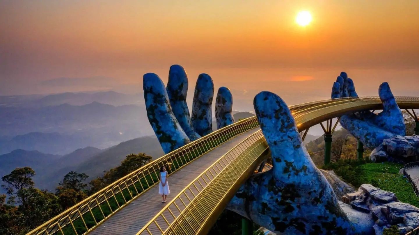 Scenic sunrise view of the Golden Bridge in Ba Na Hills near Da Nang Vietnam