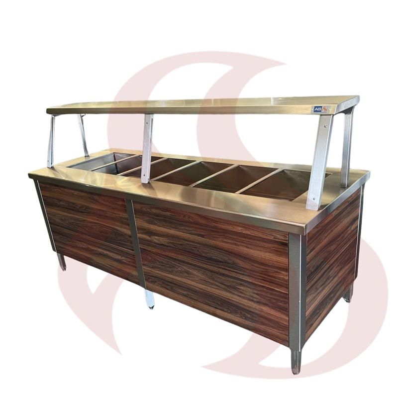 BARRA CALIENTE TIPO GABINETE CON RECUBRIMIENTO DE MADERA PARA 7 ENTEROS
