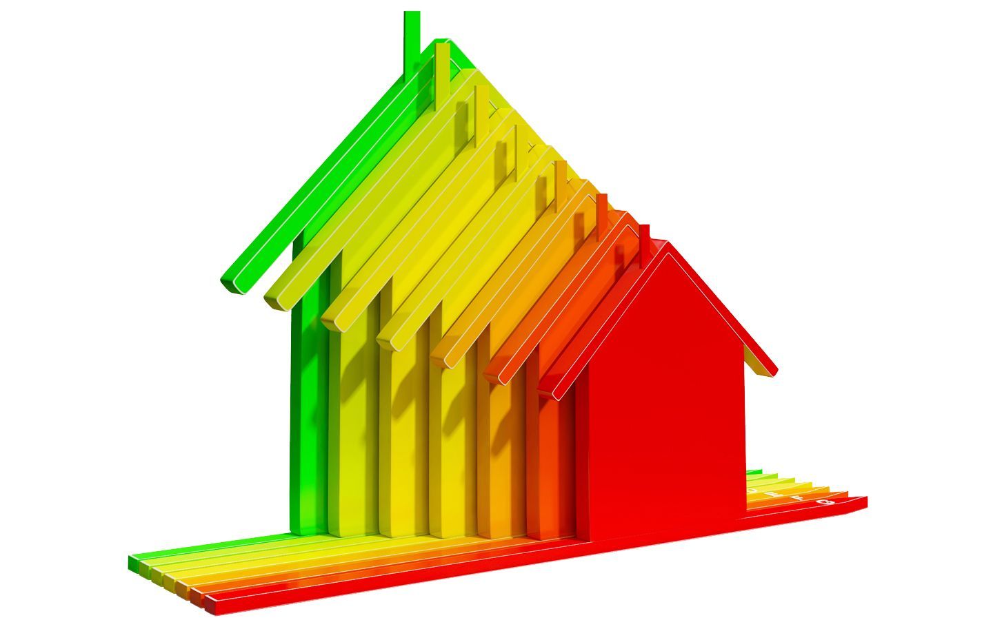 Energy efficiency rating of a house; graded colors from green to red.