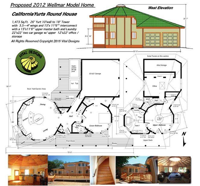 Floor plan and elevation drawings of a California Craftsman house with photo thumbnails below.