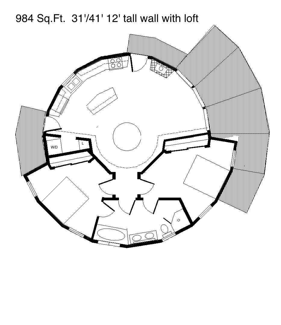 Circular floor plan drawing with labeled square footage and wall dimensions, showing multiple rooms and loft.