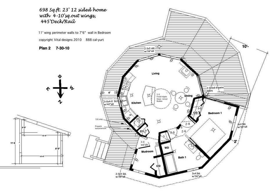 Architectural floor plan sketch of a circular house with labeled rooms and surrounding deck areas