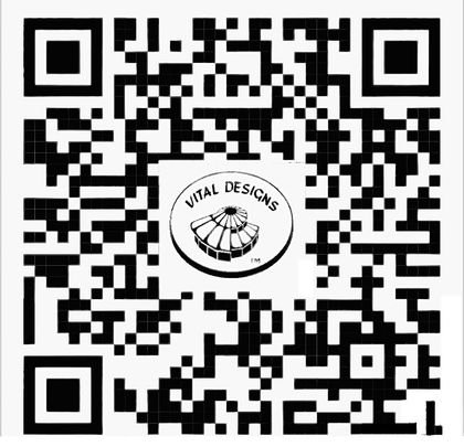 Black-and-white QR code with a circular “VITAL DESIGNS” logo in the center