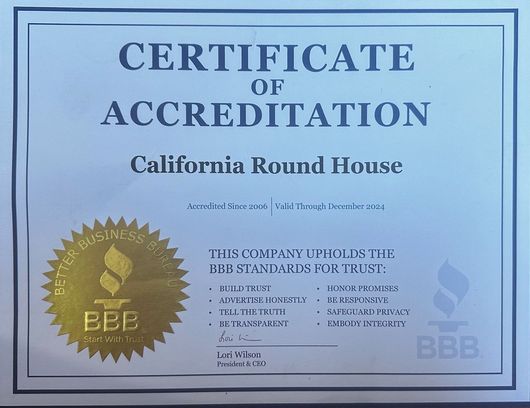 Certificate of accreditation for California Round House with BBB seals on a light blue background