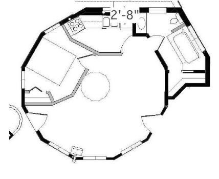 Top-down black-and-white floor plan of an octagonal room with counters and a marked 2'-8