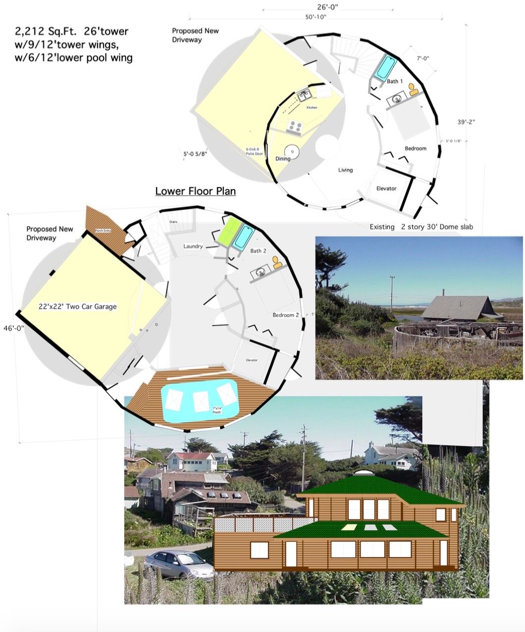 Architectural plan collage showing house layouts, site photos, and a brown-and-green building elevation