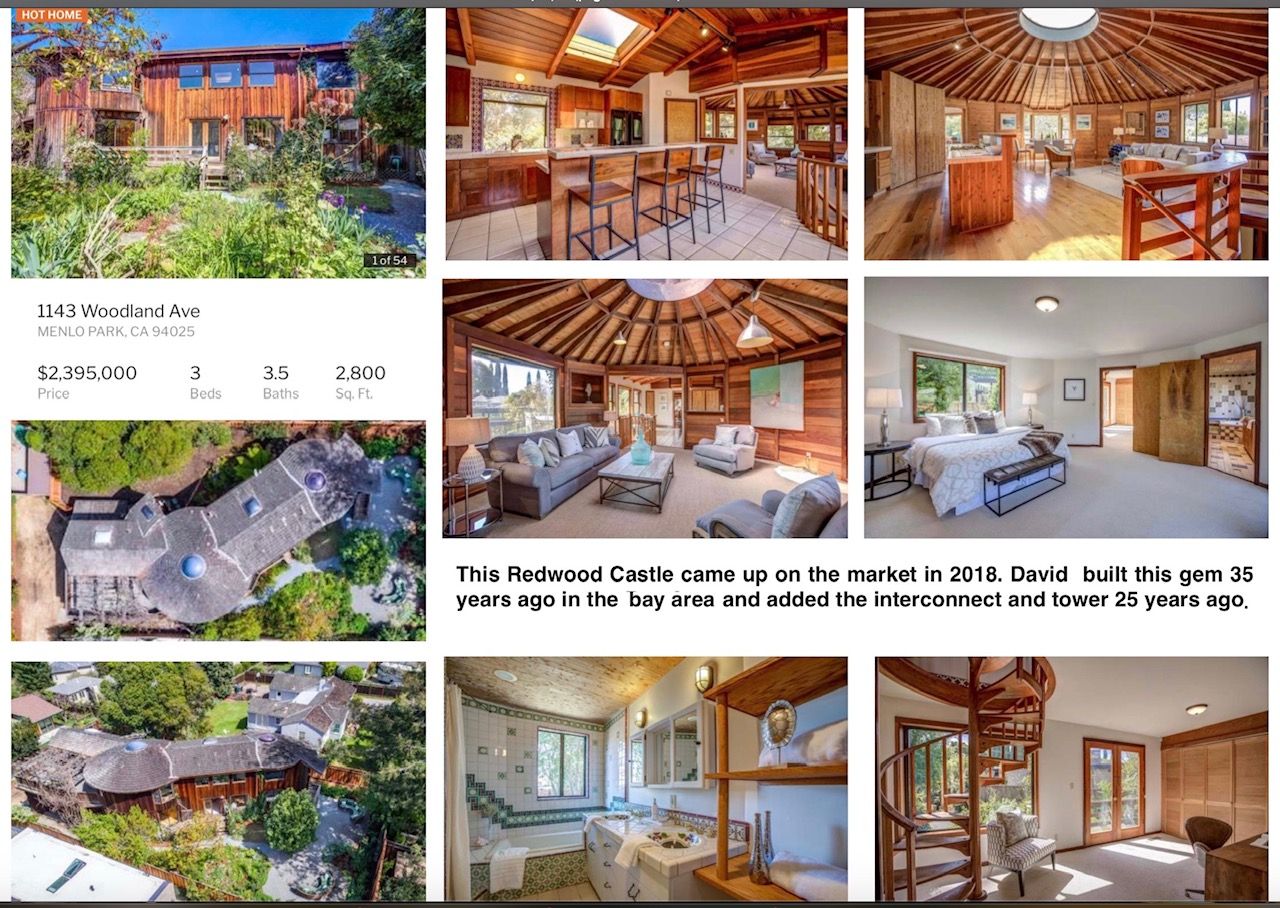 Real estate collage of a rustic log home interior and exterior with listings text and floor plans
