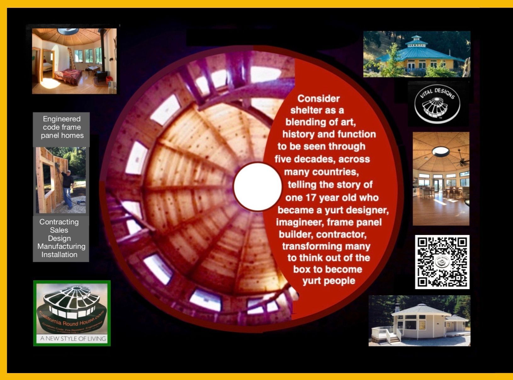 Circular red architectural tunnel with inset photos and a central text panel on a black background