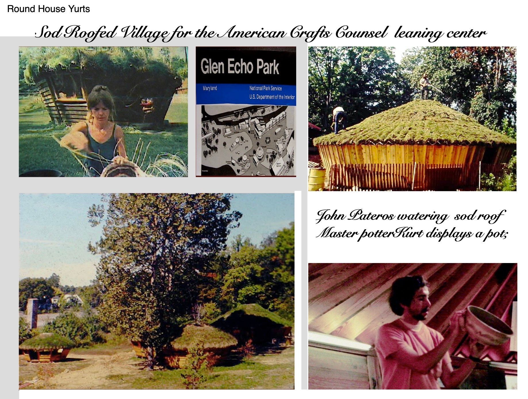 Collage of village photos: thatched huts, trees, a park sign, and a person speaking at a microphone.