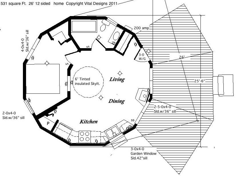 Circular floor plan of a kitchen and dining/living area with labels and measurements.