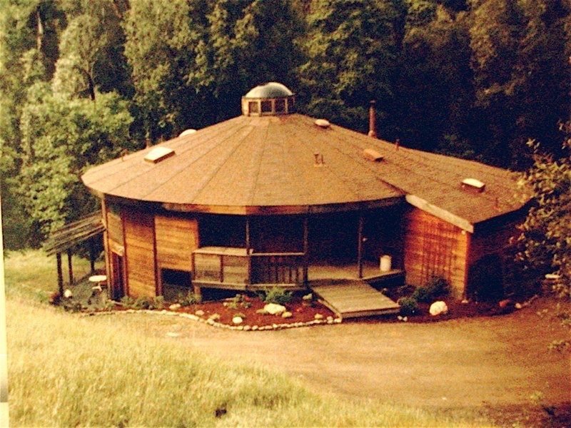 Round wooden cabin with a conical roof nestled in a forest clearing