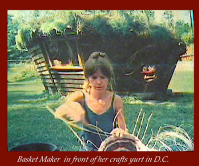 Basket maker weaving a basket in front of a thatched craft hut in D.C.