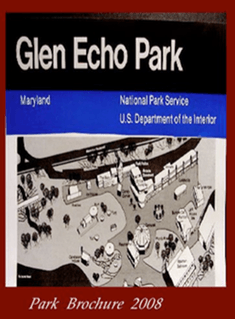 Glen Echo Park park brochure cover, with black-and-blue header and park map illustration.