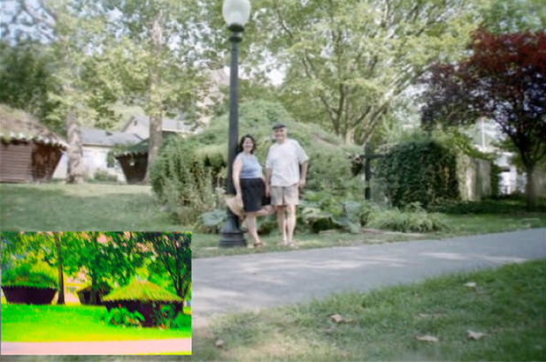 Two people walking on a tree-lined path in a park, with a bright inset landscape image in the lower left.