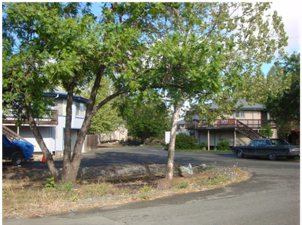 Tree-lined apartment courtyard with parked cars and a curved driveway under a clear sky