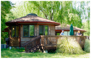 Wooden cabin with a deck and railing in a lush green garden, surrounded by trees and shrubs.