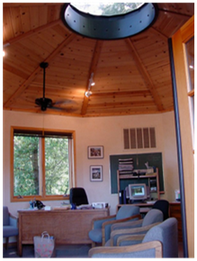 Cozy living room with wood-paneled vaulted ceiling, skylight, desk, computer, and blue armchairs