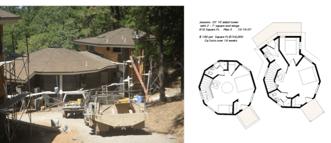 Construction site with a house under renovation and two small floor plan diagrams