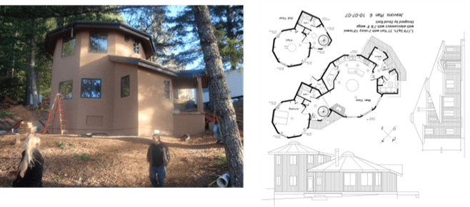 Architectural house rendering and floor plan with elevations, showing a curved brown multi-story home in the woods