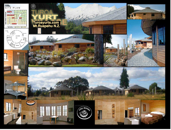 Yurt resort collage with modern cabins, wooden interiors, and mountain views at a lodge in New Zealand
