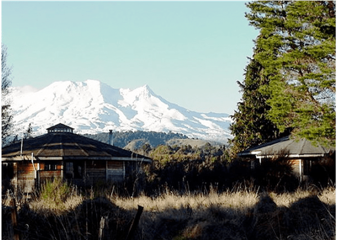 Snow-covered mountain behind rustic cabins and trees under a clear sky
